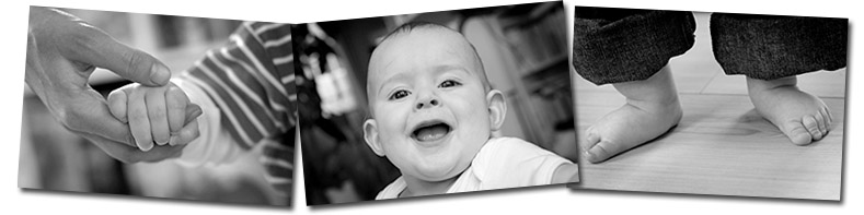 Bildbanner Fotos von Babyhänden, Porträt und Babyfüssen